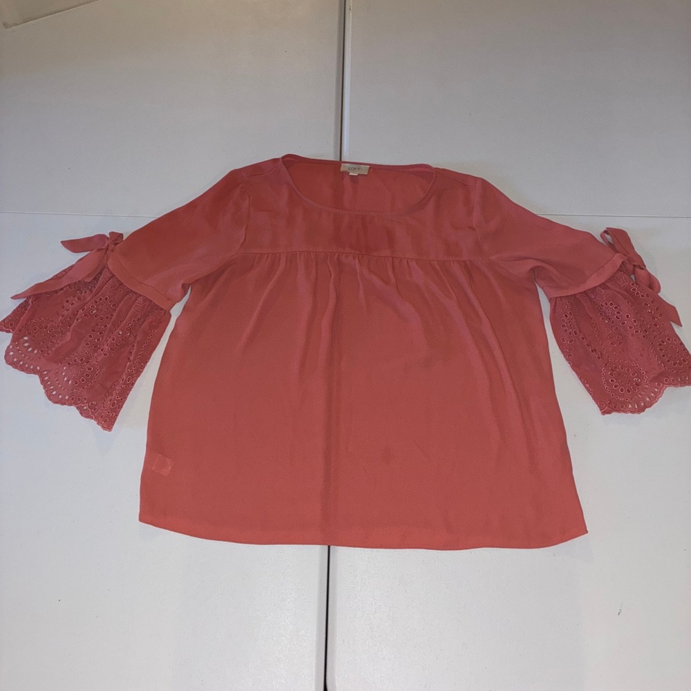 Loft Outlet Coral Pink Eyelet Bell Sleeve Blouse Top Large Tie Detail Scoop Neck